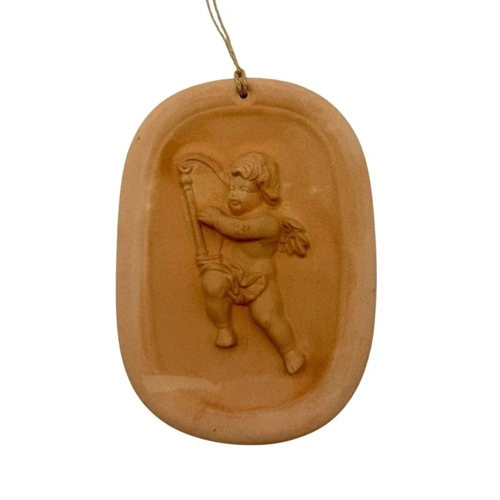 Vintage Terracotta Cherub Wall Plaque Angel Playing Harp Hanging Décor 7x5